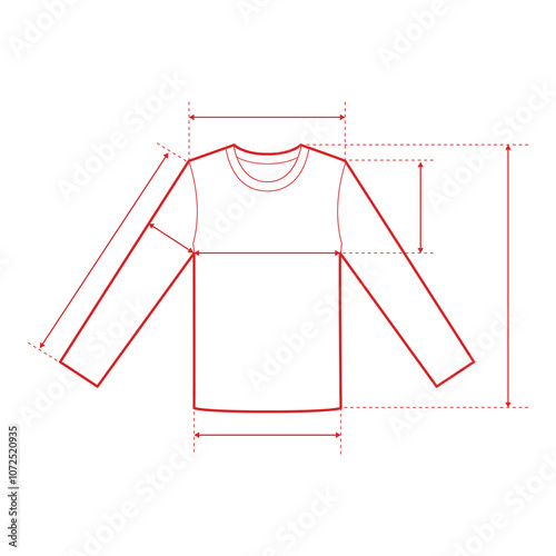 Long Sleeve T-Shirt Technical Drawing with Measurement Points and Size Chart

