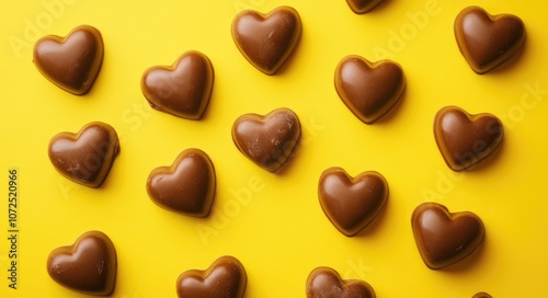 Heart-shaped Chocolate Sweets on Vibrant Yellow Background, Valentines Day Candy Concept