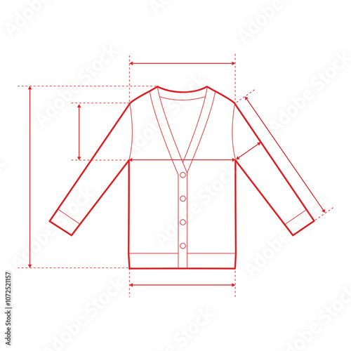 Cardigan Technical Drawing with Measurement Points and Size Chart

