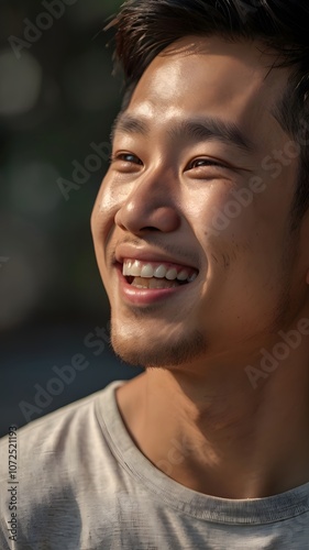 Joyful moment captured under warm sunlight as a young man smiles with a radiant expression in a serene outdoor setting. Generative AI