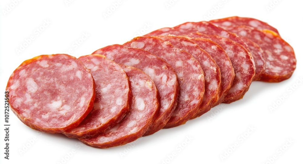 Close-up view of Delicious Spicy Smoked Salami Sausage Sliced Out Close-up view of Delicious Spicy Smoked Salami Sausage Sliced Out