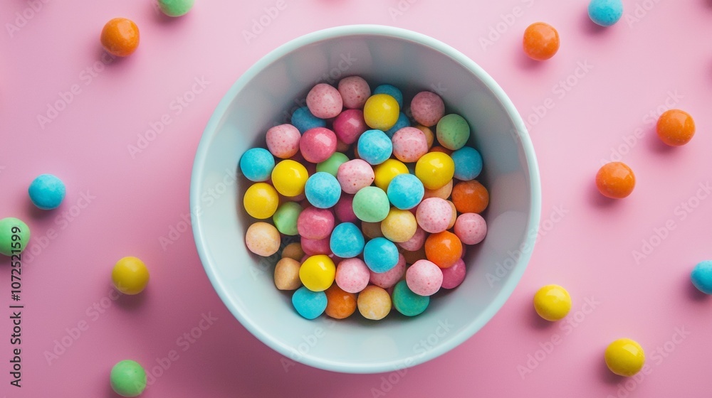 Obraz premium Bowl of colorful candy balls on pastel pink background