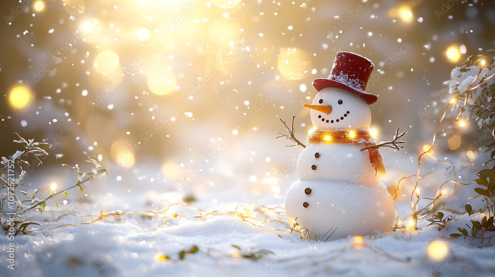 Snowman in Winter Wonderland with Lights and Snowfall Snowman in Winter Wonderland with Lights and Snowfall