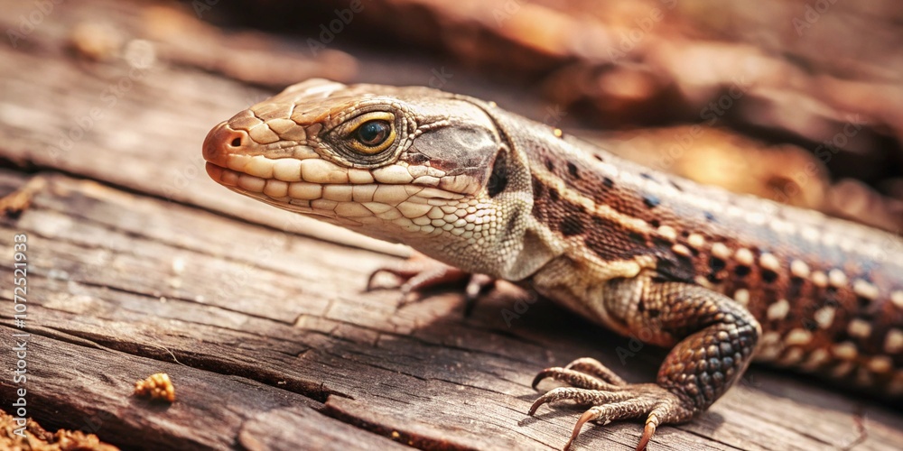 Naklejka premium Close up view of a green lizard. The world of wild nature. A small lizard basks in the sun