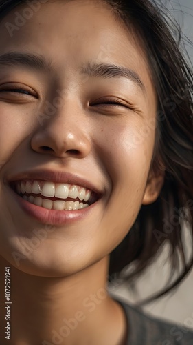 A radiant young woman smiling brightly in the warm sunlight, captured during a carefree moment outdoors by the beach. Generative AI