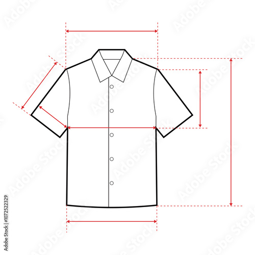 Short Sleeve Button-Down Shirt Technical Drawing with Measurement Points and Size Chart

