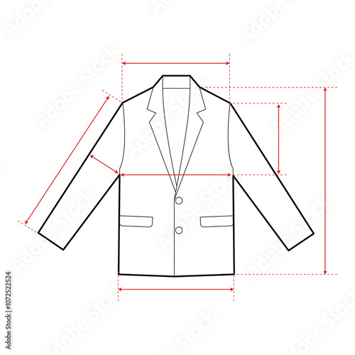 Blazer Technical Drawing with Measurement Points and Size Chart

