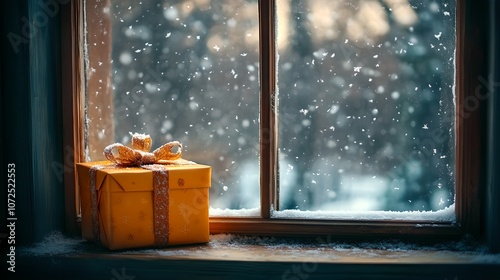 Gifts with rustic winter window sill background during snowfall. Winter holiday gift giving concept. New Year and Christmas celebration, Xmas. Cozy retro and vintage decoration