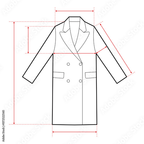 Double-Breasted Coat Technical Drawing with Measurement Points and Size Chart

