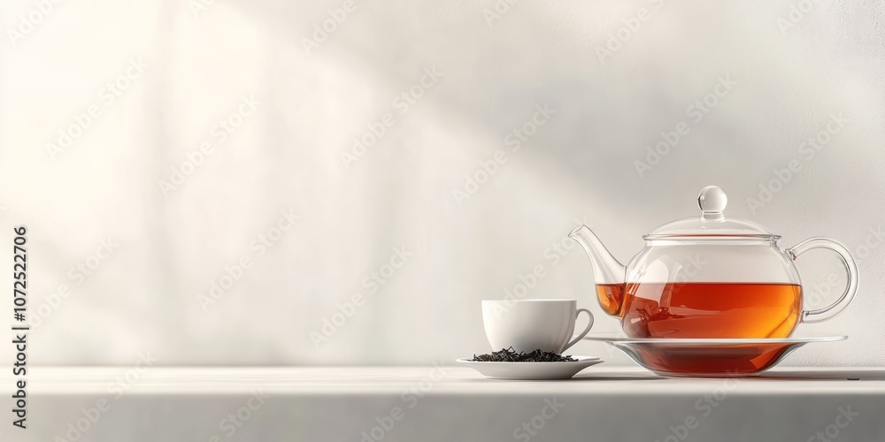 Glass Teapot and Cup on a White Tabletop with Sunlight Glass Teapot and Cup on a White Tabletop with Sunlight