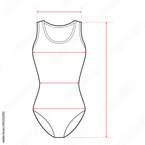 One-Piece Swimsuit Technical Drawing with Measurement Points and Size Chart

