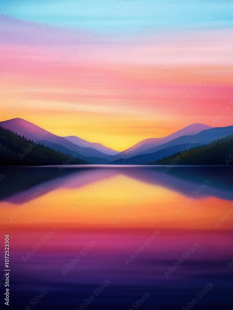 Tranquil sunset over colorful mountains reflecting in serene waters Tranquil sunset over colorful mountains reflecting in serene waters