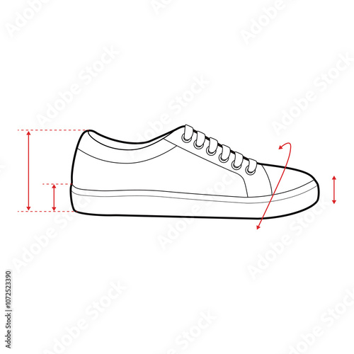 Sneakers Technical Drawing with Measurement Points and Size Chart

