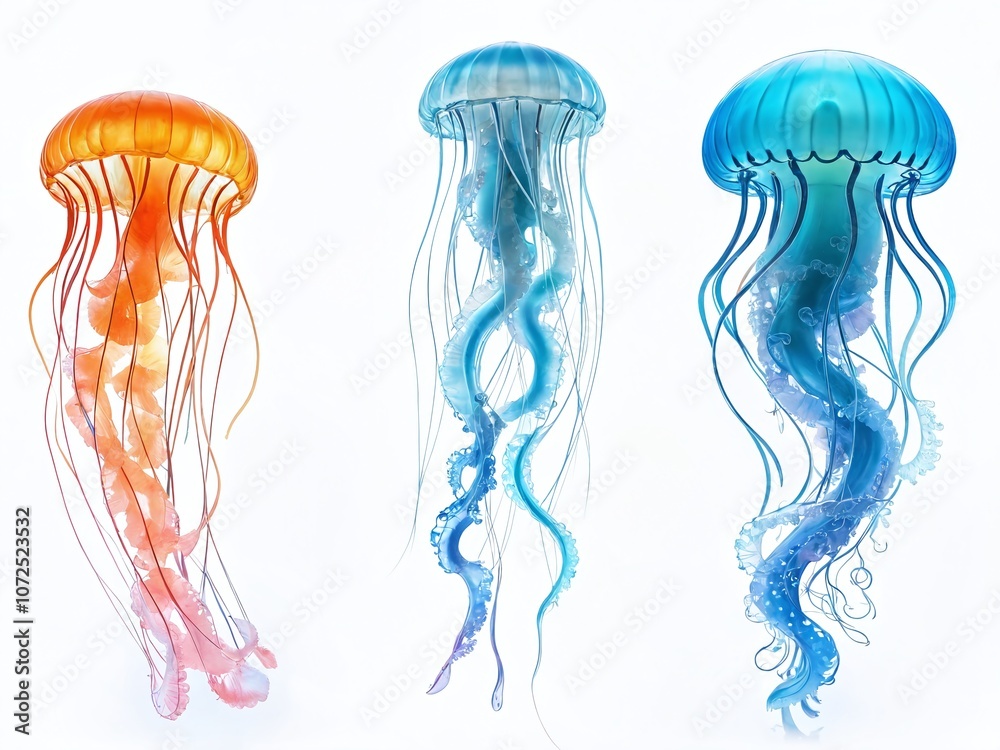Colorful jellyfish gracefully swimming in clear water, showcasing vivid orange and blue hues, captured in a tranquil underwater environment Colorful jellyfish gracefully swimming in clear water, showcasing vivid orange and blue hues, captured in a tranquil underwater environment