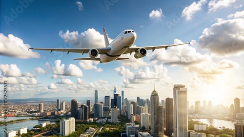 low angle view of plane fly over modern office buildings. A wonderful view of the big city.