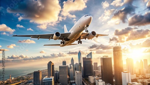 The plane flies over the city. Wonderful cityscape, business district and skyscrapers
