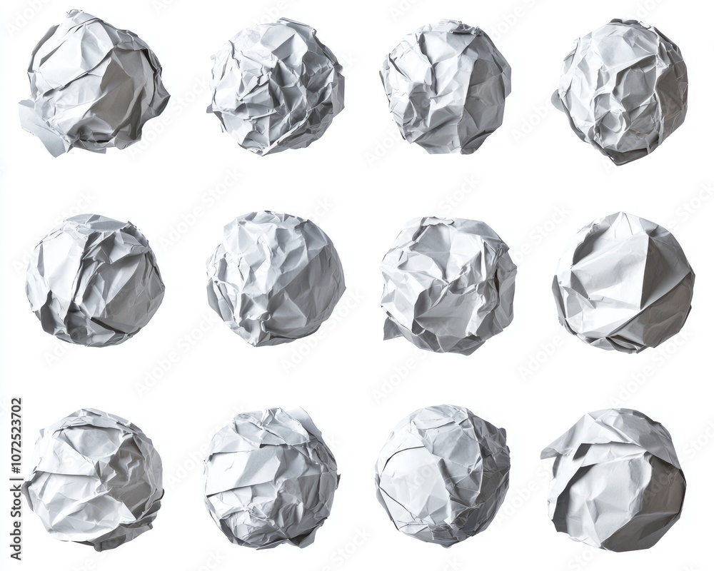 Creative Collection of Crumpled Paper Balls on White Background Creative Collection of Crumpled Paper Balls on White Background