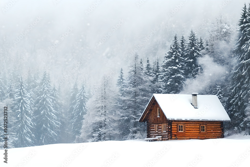 Rustic log house in winter mountains landscape. Wooden cabin, alpine chalet or cozy cottage. Winter holiday concept. Christmas, New Year celebration. Travel and tourism. Mountain retreat, ski resort Rustic log house in winter mountains landscape. Wooden cabin, alpine chalet or cozy cottage. Winter holiday concept. Christmas, New Year celebration. Travel and tourism. Mountain retreat, ski resort