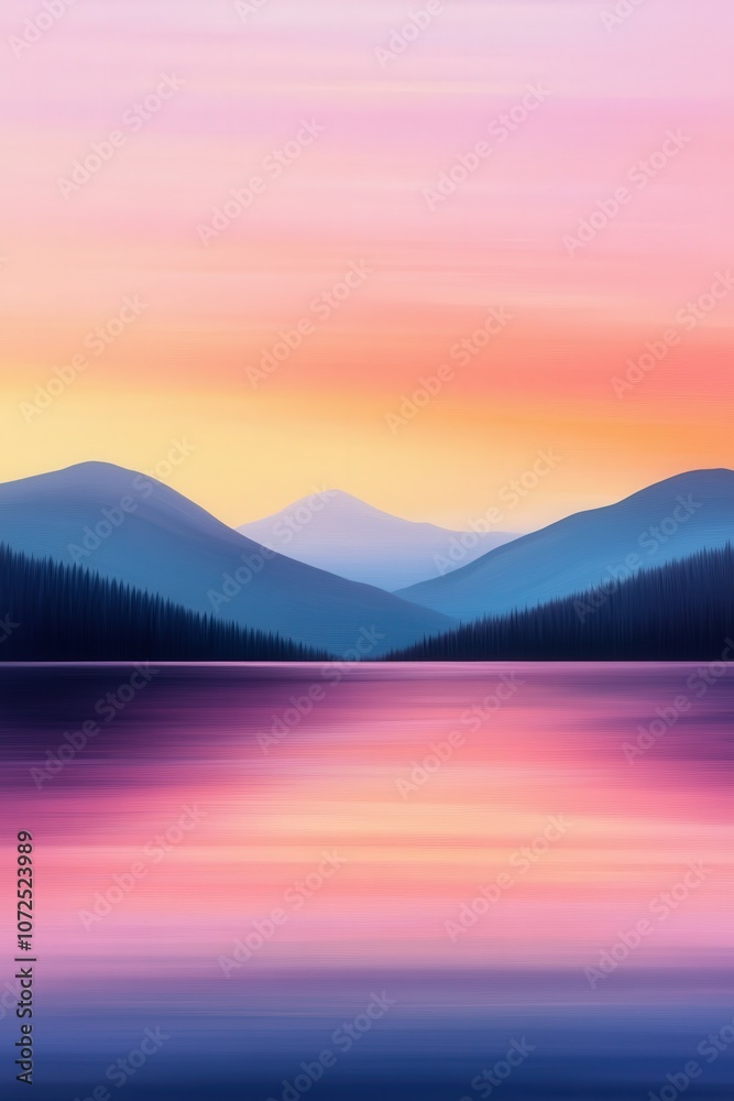 Fototapeta premium Vibrant abstract landscape with mountains and serene water at sunset
