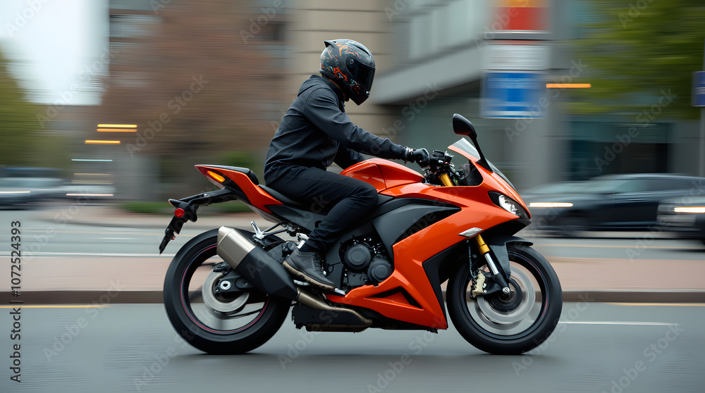 Motorcyclist in black jacket and helmet riding a bright sport bike on the street Motorcyclist in black jacket and helmet riding a bright sport bike on the street