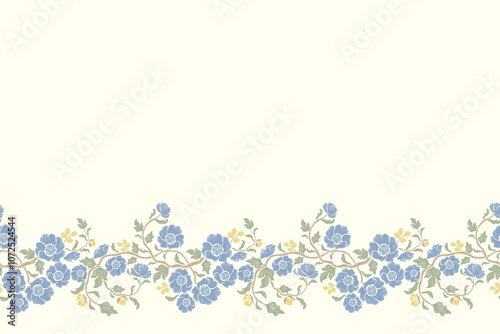 Vintage floral pattern wallpaper seamless minimal blue wild rose flower watercolour style embroidery texture motifs vector illustration design hand drawn background border.