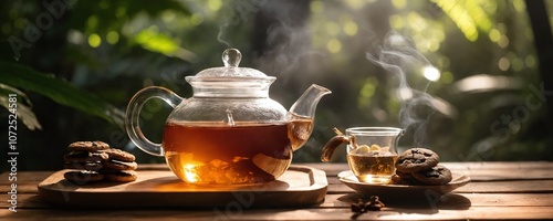 A cozy afternoon tea setup with steaming pot and cookies in a lush green garden at golden hour