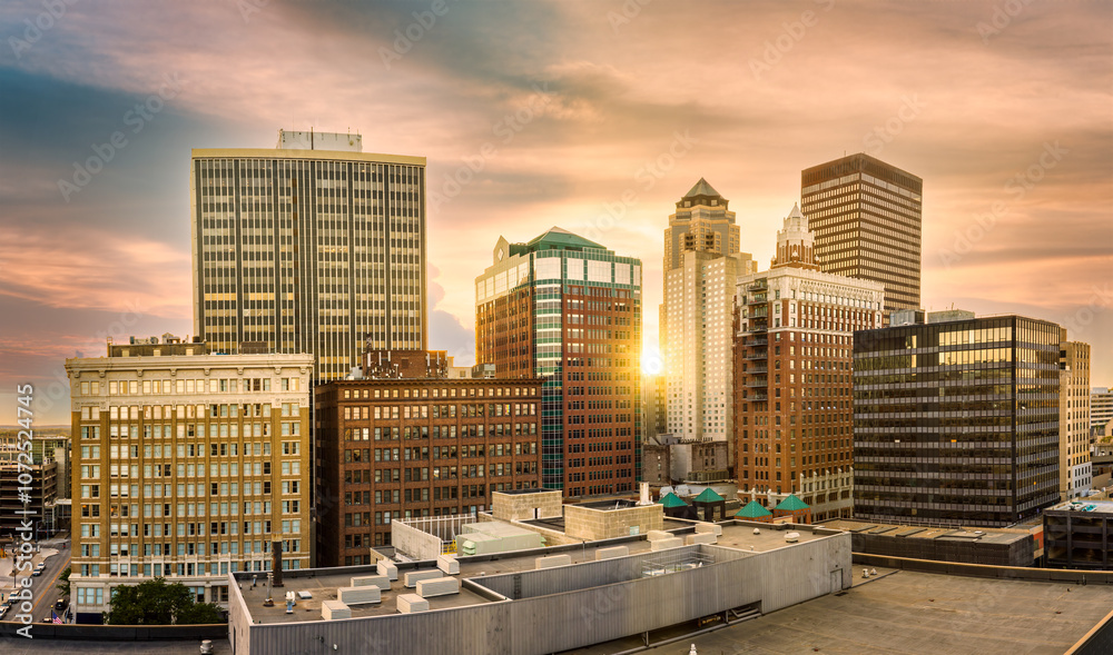 Aerial view of Des Moines, Iowa skyline at sunset. Des Moines is the capital and most populous city in the U.S. state of Iowa and it is the county seat of Polk County