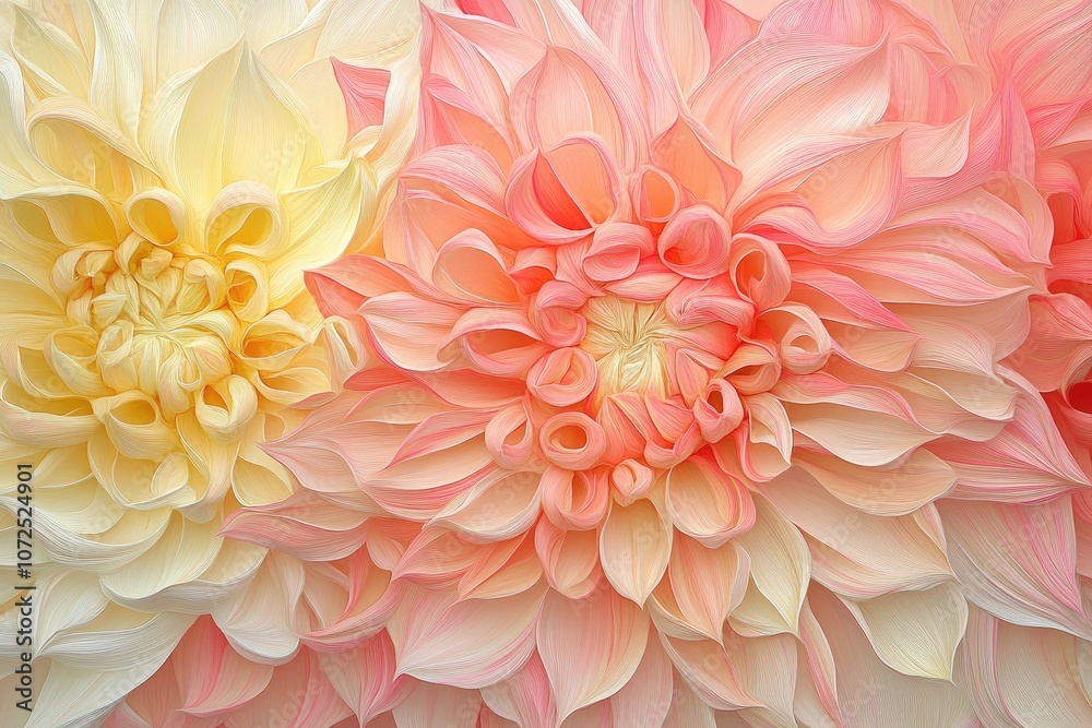 Chrysanthemum with layered petals in shades of pink and yellow, creating a bold, swirling art effect Chrysanthemum with layered petals in shades of pink and yellow, creating a bold, swirling art effect