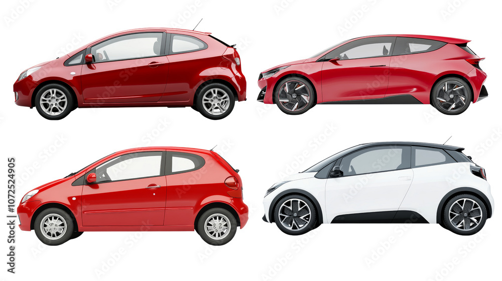 collection of four compact cars in red, white, and black colors, showcasing modern design and sleek profiles. Perfect for urban driving and style enthusiasts. ,PNG Transparency collection of four compact cars in red, white, and black colors, showcasing modern design and sleek profiles. Perfect for urban driving and style enthusiasts. ,PNG Transparency