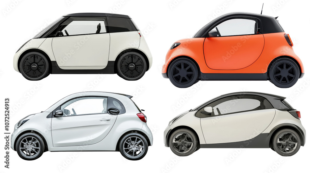 Naklejka premium Compact cars in various colors and designs, showcasing modern urban vehicles with unique styles and features. Perfect for city driving and parking. ,PNG Transparency
