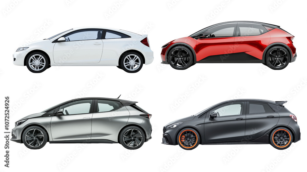 collection of four modern cars in various colors and designs, showcasing sleek profiles and contemporary styling. Perfect for automotive enthusiasts. ,PNG Transparency collection of four modern cars in various colors and designs, showcasing sleek profiles and contemporary styling. Perfect for automotive enthusiasts. ,PNG Transparency
