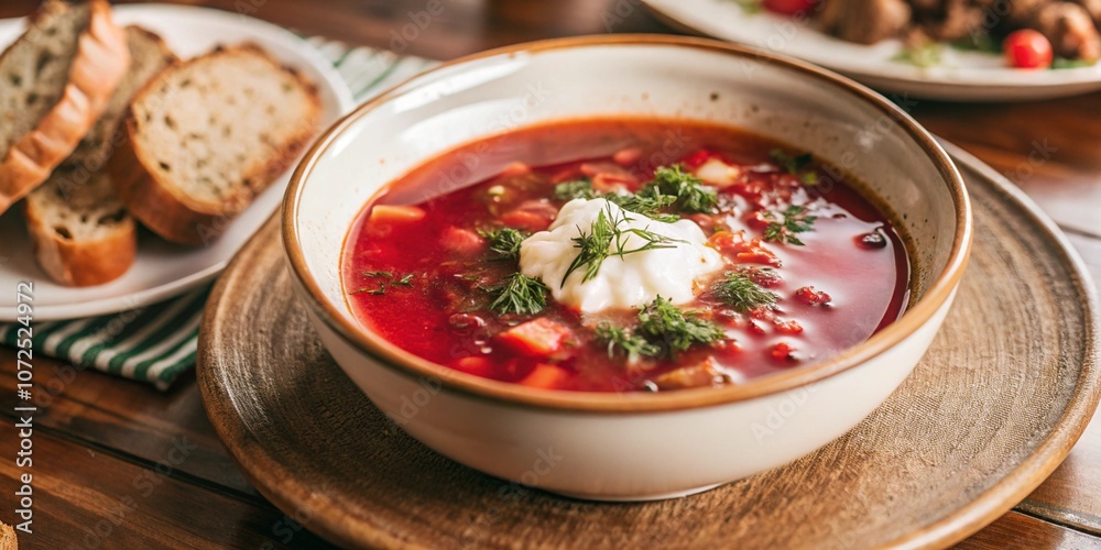 Borscht-vegetable beetroot soup, on the table with sour cream. Borscht-vegetable beetroot soup, on the table with sour cream.