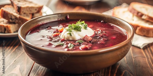 Borscht-vegetable beetroot soup, on the table with sour cream. photo