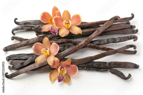 Vanilla pods and flowers set, orchid bean sticks, dry vanillin pods, natural aroma dessert ingredient photo