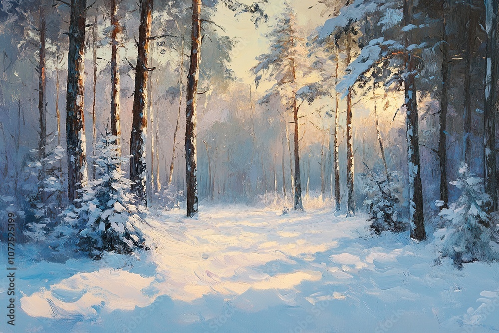 Sunlit snowy forest with tall trees in winter. Sunlit snowy forest with tall trees in winter.