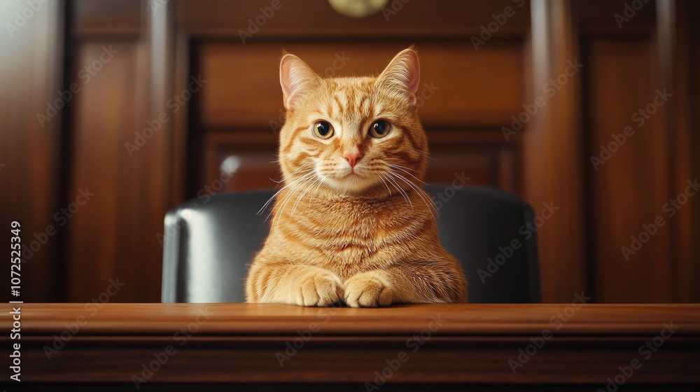 Courtroom Cat Concept. Kitten Acting as Judge in Business Conference Courtroom Cat Concept. Kitten Acting as Judge in Business Conference