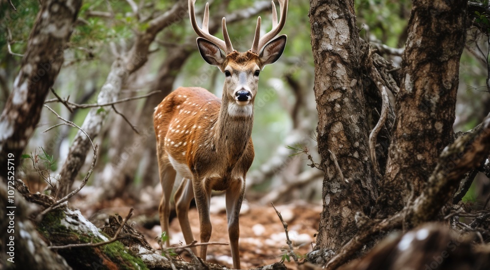 Fototapeta premium close-up of a deer in the forest, deer in the woods, cute deer in the park, cute deer in the forest, close-up of a lonely deer in the woods