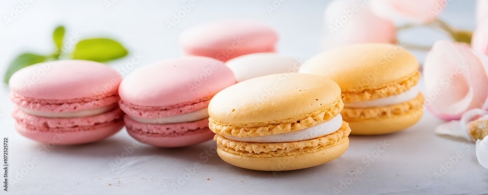 Fototapeta premium Colorful macarons arranged on a light surface, showcasing delicate pastries in pastel pink, yellow, and white, perfect for a dessert table