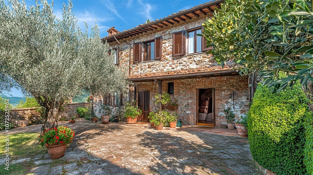 Rustic stone villa with patio in vineyard landscape.