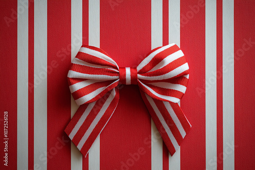 Red and white candy cane stripe pattern background featuring a peppermint'themed bow. photo