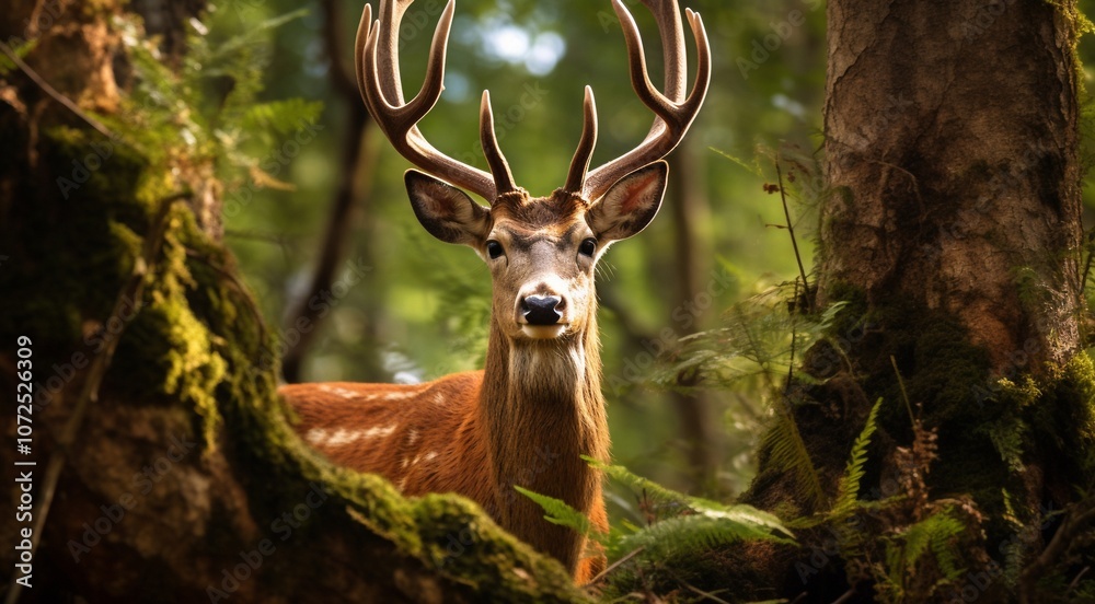 Naklejka premium close-up of a deer in the forest, deer in the woods, cute deer in the park, cute deer in the forest, close-up of a lonely deer in the woods