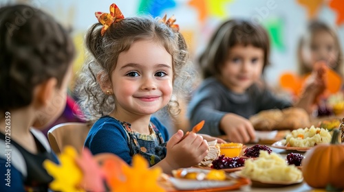 Children gather around a small table, enjoying Thanksgiving dinner with small portions of turkey, mashed potatoes, and cranberry sauce. Fall crafts and decorations surround them, creating a festive an