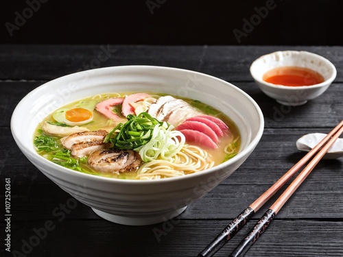 A steaming bowl of ramen topped with green onions, slices of pork, fish cake, and a soft-boiled egg set on a dark wooden table photo