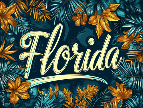 Colorful poster of Florida with a tropical theme. The poster is full of leaves and flowers and the word Florida is written in a fancy font