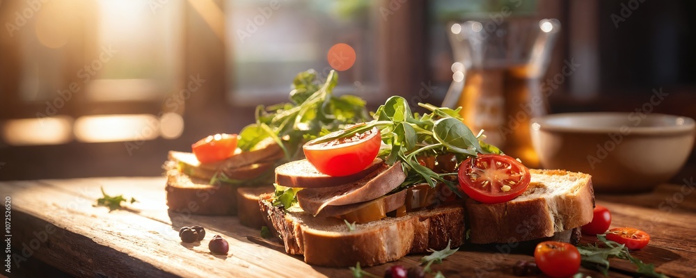 Freshly prepared sandwiches on rustic wooden table with herbs and tomatoes in warm natural light during afternoon Freshly prepared sandwiches on rustic wooden table with herbs and tomatoes in warm natural light during afternoon