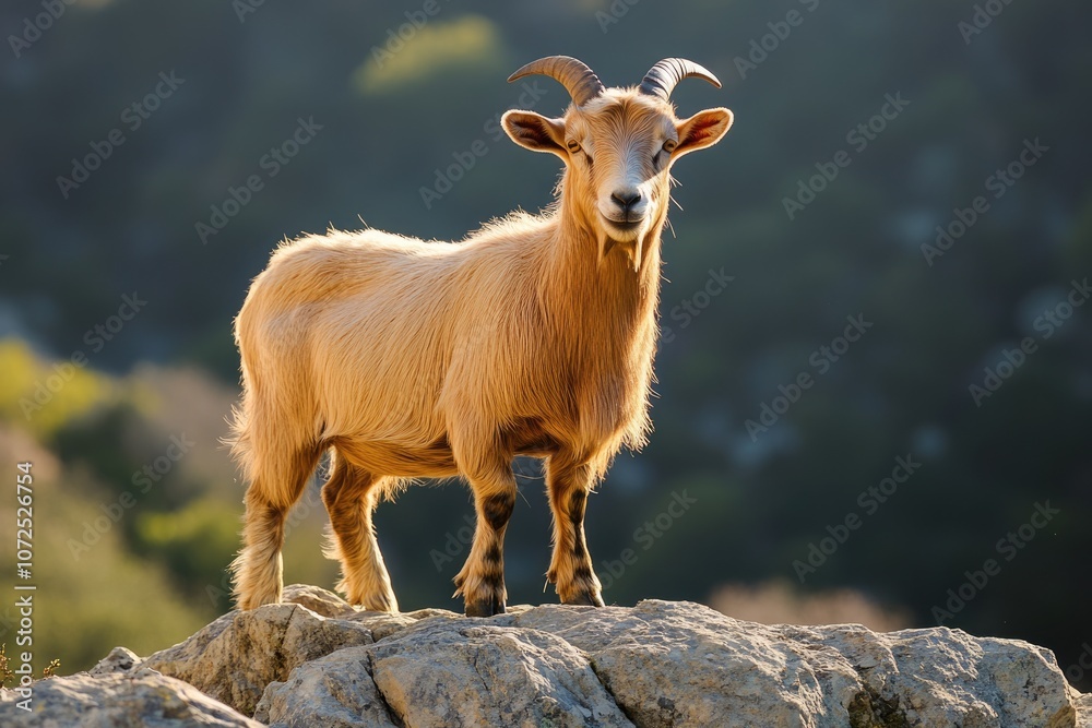 Obraz premium Wild Brown Goat Grazing on Rocky Mountain Cliff Under Blue Skies