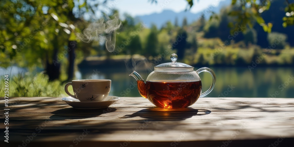 A Teapot and Cup on a Wooden Table with a Lake and Mountains in the Background A Teapot and Cup on a Wooden Table with a Lake and Mountains in the Background