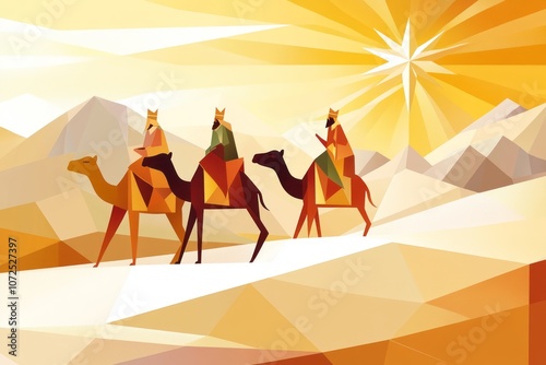 Stylized geometric illustration of the Three Kings riding camels under a shining star in the desert. photo