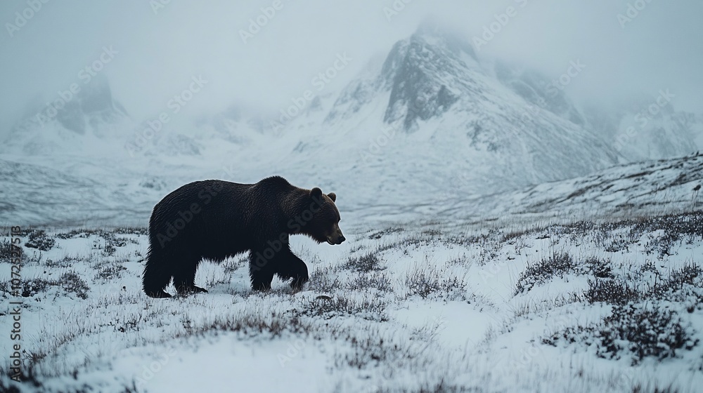 A large brown bear walks through a snowy field with mountains in the background. A large brown bear walks through a snowy field with mountains in the background.