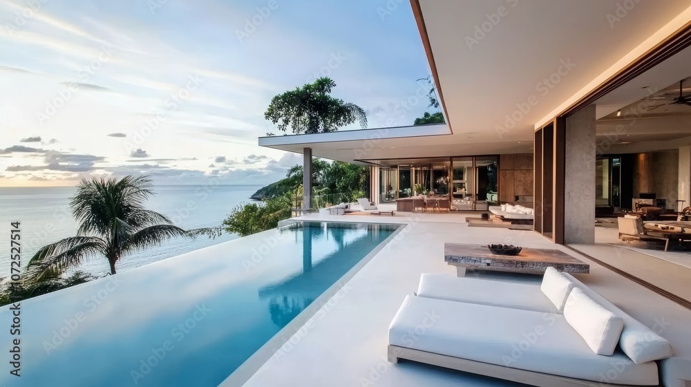 Modern Oceanfront Lounge, Infinity Pool with Seaside View, Luxurious Open Space Design, Tropical Paradise Retreat Modern Oceanfront Lounge, Infinity Pool with Seaside View, Luxurious Open Space Design, Tropical Paradise Retreat